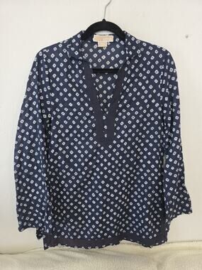 Michael Kors Popover Tunic Blouse Top Long Sleeve Navy White Geometric Size Med